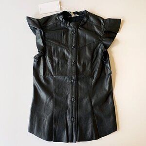 Joie Black Vegan Faux Leather Orien Flutter-Sleeve Top - Women & Juniors XXS